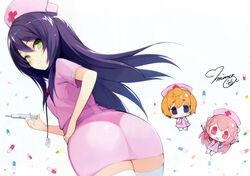  3girls absurdres axanael blonde_hair blue_eyes chibi fujimi_suzu green_eyes happy hat heart highres holding holding_syringe incredibly_absurdres long_hair md5_mismatch minoa_(lastswallow) multiple_girls nitroplus nurse nurse_cap pantyhose photoshop_(medium) pink_eyes pink_hair purple_hair scan short_hair signature smile super_sonico syringe thighhighs watanuki_fuuri white_background white_legwear 