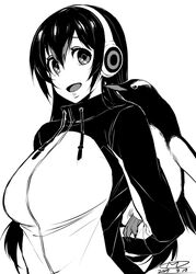  animal bird commentary_request creature_and_personification female gentoo_penguin gentoo_penguin_(kemono_friends) greyscale happa_(cloverppd) headphones holding holding_animal jacket kemono_friends monochrome name_connection penguin white_background 