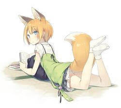  animal_ear_fluff animal_ears blonde_hair blouse blue_eyes book commentary_request dress eyebrows female fox_ears fox_tail from_behind holding holding_book kuroino_(poco) looking_at_viewer looking_back lying on_stomach original panties pantyshot poco_(asahi_age) reading shiratama_kitsune shirt short_hair short_sleeves skirt solo tabi tail tatami underwear white_panties 