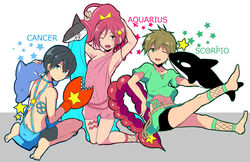  3boys aged_down bad_id bad_pixiv_id black_hair blue_eyes brown_hair commentary_request dolphin free! full_body ku--ma lolicon male_focus matsuoka_rin multiple_boys nanase_haruka_(free!) one_eye_closed open_mouth photoshop_(medium) red_eyes red_hair shark smile tachibana_makoto whale zodiac 