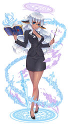  blue_eyes book breasts cleavage commentary_request crossed_legs dark-skinned_female dark_angel_metatron_(p&amp;d) dark_skin female formal glasses highres jacket loneteel long_hair magic_circle medium_breasts pencil_skirt photoshop_(medium) puzzle_&amp;_dragons simple_background skirt skirt_suit solo suit sword teacher watson_cross wavy_hair weapon white_background white_hair 