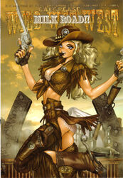  blonde_hair blue_eyes boots cigar cowboy_boots cowboy_hat cowboy_western dual_wielding female fingerless_gloves gloves gun hat highres holding juliona_trans looking_at_viewer photoshop_(medium) shiny_skin shirow_masamune weapon wild_wet_west 