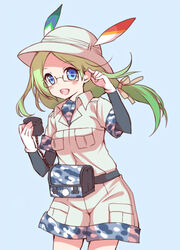  black-framed_eyewear blue_background blue_eyes blush breast_pocket camouflage camouflage_bag camouflage_trim commentary_request cowboy_shot dot_nose female glasses gloves green_hair hair_ornament hair_ribbon hand_in_own_hair hat hat_feather helmet jacket kawanobe kemono_friends layered_sleeves light_green_hair long_hair long_sleeves looking_at_viewer mirai_(kemono_friends) open_mouth pink_ribbon pith_helmet pocket ribbon safari_jacket semi-rimless_eyewear short_over_long_sleeves short_sleeves simple_background smile solo teeth under-rim_eyewear upper_teeth_only white_gloves white_hat wind 