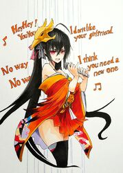  ahoge avril_lavigne azur_lane bare_shoulders black_hair black_legwear commentary_request crossed_bangs eighth_note female girlfriend_(avril_lavigne) holding holding_microphone japanese_clothes karaoke kikusui_karakuchi kimono long_hair mask mask_on_head microphone music musical_note open_mouth red_eyes red_kimono singing taihou_(azur_lane) thighhighs tied_hair very_long_hair yandere 