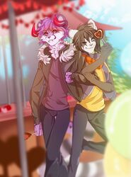  5_fingers anthro black_hair canid canine canis clothed clothing demon detailed_background domestic_dog duo fingers hair hi_res horn male mammal purple_hair rikitoka smile 