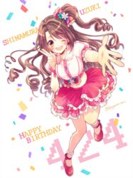  breasts brown_eyes brown_hair character_name commentary_request female happy_birthday idolmaster idolmaster_cinderella_girls long_hair medium_breasts one_eye_closed one_side_up pink_check_school_(idolmaster) pollyanna-eri shimamura_uzuki smile solo twitter_username v 