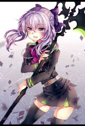  brown_eyes commentary_request female highres hiiragi_shinoa long_hair open_mouth owari_no_seraph photoshop_(medium) purple_hair ribbon school_uniform scythe skirt smile solo teka thighhighs zettai_ryouiki 