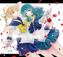  2girls aqua_hair aqua_skirt bishoujo_senshi_sailor_moon blonde_hair blue_bow blue_choker blue_eyes blue_sailor_collar blue_skirt bow brooch choker commentary_request cowboy_shot deep_aqua_mirror dutch_angle expressionless gloves jewelry kaiou_michiru kairi_(oro-n) letterboxed long_hair looking_at_viewer magical_girl multiple_girls neptune_symbol outer_senshi petals pleated_skirt sailor_collar sailor_neptune sailor_senshi sailor_senshi_uniform sailor_uranus short_hair skirt smile space_sword sword ten&#039;ou_haruka tiara very_short_hair wavy_hair weapon white_background white_gloves yellow_bow 