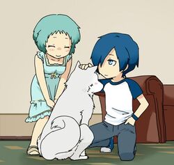  1boy blue_hair female full_body furea_(genjuu_no_mori) indoors koromaru megami_tensei persona persona_3 shin_megami_tensei short_hair yamagishi_fuuka yuuki_makoto 