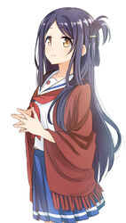  abe_kanari black_hair blush brown_eyes commentary_request female hair_ornament hairclip high_school_fleet long_hair looking_at_viewer marikouji_kaede one_side_up photoshop_(medium) pleated_skirt school_uniform serafuku shawl simple_background skirt smile solo steepled_fingers white_background yokosuka_girls_marine_high_school_uniform 