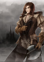  1boy absurdres axe blue_eyes brown_hair castle castlevania:_curse_of_darkness castlevania_(series) chains cloud cloudy_sky coat commentary_request food_fighter_441 gloves highres long_hair male_focus pants photoshop_(medium) scar shirt short_sleeves sky trevor_c._belmont weapon whip 