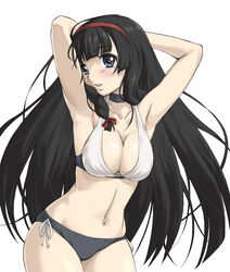  armpits bikini black_hair breasts cleavage commentary_request female hairband houkago_no_pleiades itsuki_(houkago_no_pleiades) large_breasts long_hair navel photoshop_(medium) solo swimsuit you2 