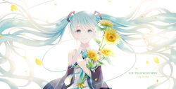  absurdly_long_hair aqua_necktie blue_eyes blue_hair bow commentary_request detached_sleeves female flower hair_ornament hairbow hatsune_miku holding holding_flower holding_microphone long_hair looking_at_viewer microphone necktie photoshop_(medium) sanaa shirt simple_background sleeveless sleeveless_shirt smile solo sunflower twintails upper_body very_long_hair vocaloid white_background white_shirt yellow_flower 