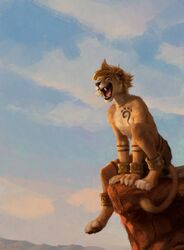  2016 anthro bangle biped bottomwear brown_body brown_fur brown_nose brown_stripes claws cliff closed_eyes clothing cloud cover day detailed_background digital_media_(artwork) digital_painting_(artwork) felid franko_(negy) fur hax_(artist) hi_res jewelry kenket lion lofi loincloth male mammal open_mouth outside pantherine pawpads paws roaring shaded sitting sky smile solo stripes teeth tongue tribal whiskers white_body white_fur young 