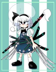  :&lt; aqua_skirt aqua_vest between_fingers black_bow black_bowtie black_footwear black_hairband bow bowtie closed_mouth commentary_request eyes_visible_through_hair female frilled_skirt frills full_body ghost green_background hair_ribbon hairband hitodama_print holding holding_sword holding_weapon katana kieyza konpaku_youmu konpaku_youmu_(ghost) multiple_swords petticoat print_skirt puff_of_air puffy_short_sleeves puffy_sleeves ribbon sheath sheathed shirt short_hair short_sleeves skirt skirt_set solo standing striped striped_background sweatdrop sword too_many too_many_weapons touhou unsheathed v-shaped_eyebrows vertical_stripes vest weapon white_background white_hair white_legwear white_shirt 