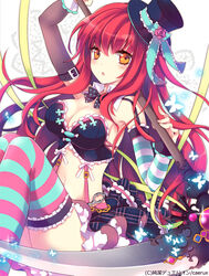  :o blush breasts bustier cleavage commentary_request female frills hat jonejung junketsu_duelion large_breasts long_hair looking_at_viewer midriff official_art orange_eyes photoshop_(medium) red_hair ribbon solo striped_clothes striped_thighhighs thighhighs 