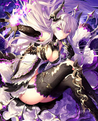  breasts cleavage commentary_request company_name elbow_gloves female fire garter_straps gloves horns large_breasts light_purple_hair light_smile long_hair magic nekonabe_ao official_art purple_eyes shingoku_no_valhalla_gate solo thighhighs 