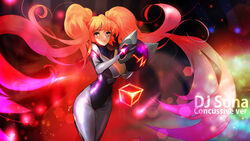  bodysuit breasts character_name cleavage commentary dj_sona english_text female highres large_breasts league_of_legends long_hair nal_(nal&#039;s_pudding) orange_eyes orange_hair photoshop_(medium) smile solo sona_(league_of_legends) twintails 