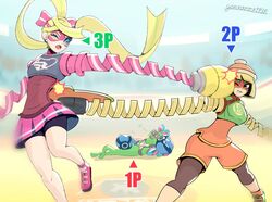  2girls arms_(game) beanie bike_shorts blonde_hair blorb_(arms) blue_eyes boxing_gloves chinese_clothes commentary_request dna_man_(arms) domino_mask facepaint fighting food glass goggles gonzarez green_eyes hat leggings leggings_under_shorts mask min_min_(arms) monster_boy multicolored_hair multiple_girls noodles pantyhose ponytail ramram_(arms) ribbon_girl_(arms) ribbon_hair short_hair shorts shorts_under_skirt skirt slime_boy smile sparky_(arms) two-tone_hair 