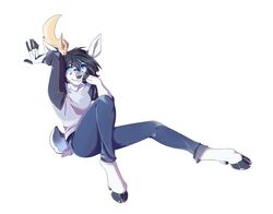  5_fingers anthro barefoot biped black_hair blue_eyes clothed clothing deer feet fingers grey_nose hair hooves male mammal rikitoka simple_background sitting solo white_background 