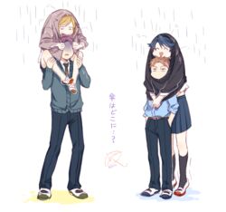  2boys 2girls ^_^ bad_id bad_pixiv_id blazer blonde_hair blue_hair brown_hair cardigan carrying closed_eyes gekkan_shoujo_nozaki-kun hori_masayuki improvised_umbrella jacket jamila_pose kashima_yuu mery_(yangmalgage) miniskirt multiple_boys multiple_girls necktie no_eyes open_mouth pleated_skirt purple_hair rain school_uniform seo_yuzuki shared_clothes shoes shoulder_carry skirt smile sweater translated turn_pale uwabaki wakamatsu_hirotaka 