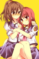  2girls absurdres akafuku_pukoemon angel_beats! bad_id bad_pixiv_id brown_eyes brown_hair highres hisako_(angel_beats!) iwasawa_masami long_hair multiple_girls ponytail red_eyes red_hair school_uniform serafuku shinda_sekai_sensen_uniform short_hair sleeves_rolled_up yuri 