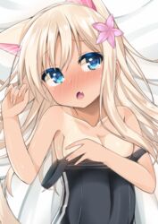  animal_ears blonde_hair blue_eyes blush cacao_(chocolat) collarbone commentary_request covering_privates eyebrows female flower hair_flower hair_ornament highres kantai_collection long_hair nose_blush oerba_yun_fang open_mouth ro-500_(kancolle) solo swimsuit tan tanlines tears upper_body 