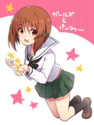  bad_id bad_pixiv_id black_neckerchief black_socks blouse brown_eyes brown_footwear brown_hair copyright_name female full_body girls_und_panzer green_skirt loafers long_sleeves looking_at_viewer miniskirt neckerchief nishizumi_miho ooarai_school_uniform open_mouth pleated_skirt school_uniform serafuku shirt shoes short_hair skirt smile socks solo standing star_(symbol) starry_background white_background white_shirt yuukome_(tekunon) 