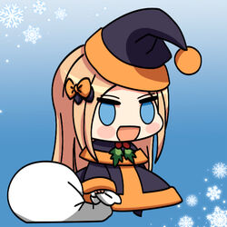  :d abigail_williams_(fate) alternate_costume black_bow black_capelet black_dress black_hat blonde_hair blue_eyes blush_stickers bow capelet chibi commentary dress fate/grand_order fate_(series) female full_body hairbow hat holding holding_sack long_hair long_sleeves looking_at_viewer maximilian-destroyer meme open_mouth orange_bow padoru_(meme) parted_bangs romaji_commentary sack santa_costume santa_hat sleeves_past_wrists smile snowflakes solo very_long_hair wide_sleeves 