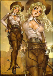  belt blonde_hair blue_eyes boots breasts cowboy_boots cowboy_hat cowboy_shot cowboy_western female from_below full_body gun hat highres juliona_trans large_breasts long_hair looking_at_viewer open_clothes open_mouth open_shirt partially_unbuttoned photoshop_(medium) shirow_masamune shirt smile weapon wild_wet_west 