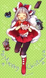  :3 :d ^_^ artist_name bad_id bad_pixiv_id blush_stickers boots closed_eyes female gift grey_hair hair_ribbon heart innertube kantai_collection machinery merry_christmas midriff mittens natsumi_(natumi06) navel open_mouth pantyhose ponytail red_footwear red_mittens rensouhou-chan ribbon santa_costume smile solo sparkle star_(symbol) swim_ring turret twitter_username yuubari_(kancolle) 