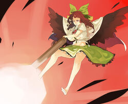  arm_cannon barefoot bow breasts brown_hair commentary female green_bow green_skirt hairbow highres huge_breasts long_hair muneneko open_mouth red_eyes reiuji_utsuho skirt smile solo third_eye torn_clothes touhou weapon wings 