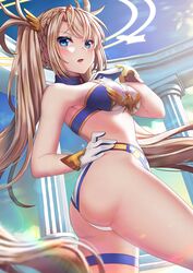  adapted_costume ass bangs blonde_hair blue_eyes blue_sky blurry blurry_foreground blush bradamante_(fate/grand_order) braid breasts cloud commentary_request cowboy_shot day depth_of_field fate/grand_order fate_(series) french_braid from_behind gloves hair_between_eyes hair_ribbon halo large_breasts light_brown_hair long_hair looking_at_viewer looking_back midriff navel open_mouth outdoors parted_lips pillar ribbon saruei sidelocks sky solo stomach thigh_strap thighs twintails twisted_torso very_long_hair white_gloves 