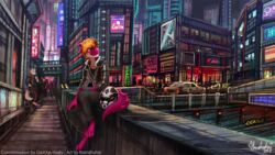  16:9 2018 4_toes anthro barefoot biker city cityscape clothed clothing cyber_(disambiguation) daxxe_(character) detailed_background digital_media_(artwork) digitigrade dinosaur extinct feet futuristic hair lizard male orange_hair prehistoric_species reptile scalie thanshuhai toes widescreen yellow_eyes 