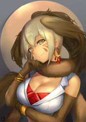  arm_under_breasts bad_id bad_pixiv_id bare_shoulders breasts brown_gloves brown_hair cleavage closed_mouth commentary_request crop_top cropped_shirt earrings elbow_gloves facial_mark female fur_scarf gloves grey_hair hand_to_own_mouth hand_up head_tilt high_ponytail hoop_earrings jewelry kemono_friends light_smile long_hair looking_at_viewer multicolored_hair north_island_giant_moa_(kemono_friends) ponytail scarf shirt sidelocks sleeveless sleeveless_shirt solo tamamushi two-tone_hair upper_body yellow_eyes 