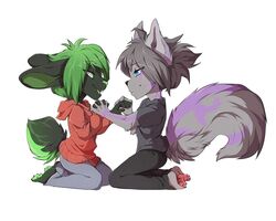  4_toes 5:4 5_fingers anthro barefoot black_nose blue_eyes canid canine canis clothed clothing domestic_dog duo eye_contact feet female fingers fluffy fluffy_tail fur green_eyes green_hair green_nose green_tongue grey_body grey_fur grey_hair hair lagomorph leporid looking_at_another male mammal pawpads rabbit rikitoka simple_background smile tail toes tongue white_background 