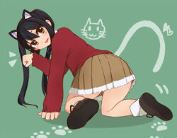  all_fours animal_ears black_hair brown_eyes cat_ears commentary_request female k-on! long_hair nakano_azusa paw_pose twintails tyranu 