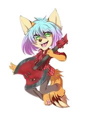  4_toes 5_fingers anthro barefoot biped blue_hair canid canine canis clothed clothing domestic_dog feet female fingers gradient_hair green_eyes hair hi_res mammal open_mouth pink_tongue purple_hair rikitoka simple_background smile solo teeth toes tongue white_background 