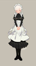  apron black_dress black_footwear black_thighhighs closed_eyes commentary_request dress female full_body grey_background highres long_dress long_sleeves maid maid_headdress mole mole_under_eye original own_hands_together pleated_dress puffy_long_sleeves puffy_sleeves shi_jun_ti simple_background smile solo standing thighhighs twitter_username v_arms waist_apron white_apron white_hair 