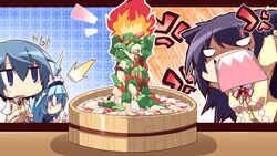  16:9 1boy 2girls asami_asami azurite blue_hair chibi game_cg long_hair multiple_girls neueblau_t_milla re:birth_colony ribbon rindou_souji 