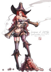  bare_shoulders boots breasts brown_eyes cannonball chinese_commentary cleavage commentary_request female full_body garter_straps gun hair_over_one_eye handgun hat high_heels highres large_breasts league_of_legends loiza long_hair looking_at_viewer miss_fortune_(league_of_legends) navel photoshop_(medium) red_hair signature simple_background solo watermark weapon web_address white_background 