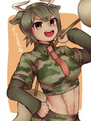  :d animal_ears aurochs_(kemono_friends) bad_id bad_pixiv_id brown_eyes brown_hair camouflage camouflage_shirt character_name collared_shirt commentary_request cow_ears crop_top cropped_shirt dark-skinned_female dark_skin dodo_taro empty_eyes female fingernails green_hair hand_on_own_hip hand_up heart holding holding_weapon horns kemono_friends layered_sleeves linea_alba long_sleeves looking_at_viewer midriff multicolored_hair navel necktie open_mouth over_shoulder red_necktie shirt short_hair short_over_long_sleeves short_sleeves smile solo stomach teeth toned translated twisted_torso two-tone_hair upper_body upper_teeth_only v-shaped_eyebrows weapon weapon_over_shoulder wing_collar 