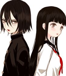  androgynous bags_under_eyes black_hair blush eyelashes female from_side gakuran grey_eyes jaibo_(litchi_hikari_club) kanon_(litchi_hikari_club) litchi_hikari_club long_hair looking_at_viewer maruino open_mouth school_uniform serafuku simple_background uniform white_background 