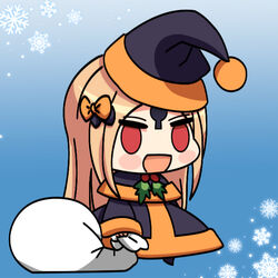  :d abigail_williams_(fate) alternate_costume black_bow black_capelet black_dress black_hat blonde_hair blush_stickers bow capelet chibi commentary_request dress fate/grand_order fate_(series) female full_body hairbow hat holding holding_sack keyhole long_hair long_sleeves looking_at_viewer maximilian-destroyer meme open_mouth orange_bow padoru_(meme) parted_bangs red_eyes sack santa_costume santa_hat sleeves_past_wrists smile snowflakes solo very_long_hair wide_sleeves 