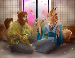  5_fingers anthro barefoot brown_hair canid canine canis clothed clothing detailed_background domestic_dog duo feet felid fingers fur hair kneeling lion male mammal open_mouth pantherine rikitoka smile tan_body tan_fur teeth 