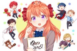  &gt;_&lt; 3girls 4boys :o ^_^ bad_id bad_pixiv_id black_hair blonde_hair blue_hair bow brown_eyes brown_hair calligraphy_brush cape chibi closed_eyes crown flower gekkan_shoujo_nozaki-kun hairbow hori_masayuki kashima_yuu mery_(yangmalgage) mikoshiba_mikoto miniskirt multiple_boys multiple_girls necktie nozaki_umetarou open_mouth orange_hair paintbrush paper paras pleated_skirt pokemon pokemon_(creature) polka_dot polka_dot_bow purple_eyes purple_hair red_eyes red_hair rose sakura_chiyo school_uniform seo_yuzuki shikishi_(object) skirt smile tanuki wakamatsu_hirotaka yellow_eyes 