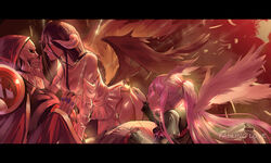  2girls ainz_ooal_gown albedo_(overlord) black_hair black_wings breasts cleavage commentary_request cowgirl_position demon_girl demon_horns demon_wings detached_collar dress face-to-face feathered_wings feathers frilled_dress frills gloves gothic_lolita hair_between_eyes highres hip_vent hood horns large_breasts letterboxed lich lolita_fashion long_hair low_wings multiple_girls no_panties overlord_(maruyama) ponytail red_eyes robe shalltear_bloodfallen sitting skeleton skull slit_pupils touching undead vampire white_dress white_gloves wings yellow_eyes yonoki 