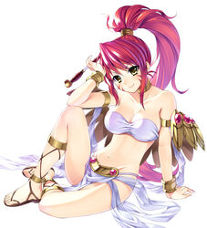  alternate_costume arm_support bandeau bare_shoulders bracelet breasts bucchake_(asami) cleavage clothes_between_thighs collarbone commentary_request female full_body jewelry large_breasts long_hair looking_at_viewer navel oda_nobunaga_(sengoku_otome) ponytail red_hair sandals sengoku_otome shiny_skin simple_background sitting smile solo stomach strapless very_long_hair white_background white_bandeau yellow_eyes 