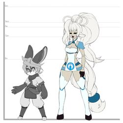  2016 accessory android animal_humanoid anthro bit_(crankyconstruct) bow_(feature) bow_accessory bow_ribbon breasts chart cleavage closed_eyes clothed clothing crankyconstruct duo english_text equid equid_humanoid equine equine_humanoid female hair_accessory hair_ribbon hairbow height_chart hi_res humanoid lagomorph legwear leporid lipstick looking_at_viewer lunar_regalia machine makeup male mammal mammal_humanoid purple_lipstick rabbit ribbons robot simple_background standing text thigh_highs troix_(crankyconstruct) white_background 