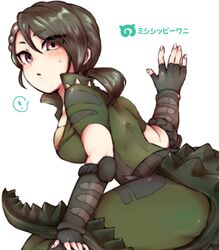  ! american_alligator_(kemono_friends) american_alligator_(kemono_friends)_(old_design) arm_at_side ass back bad_id bad_pixiv_id black_hair blush character_name collared_jacket commentary_request crocodile_girl crocodilian_tail dodo_taro elbow_pads eyes_visible_through_hair female fingerless_gloves fingernails from_side gloves green_jacket green_pants hair_between_eyes hand_up high_collar jacket kemono_friends looking_at_viewer medium_hair pants parted_lips ponytail purple_eyes short_sleeves simple_background solo spiked_tail spikes spoken_exclamation_mark striped tail tsurime upper_body vambraces white_background 